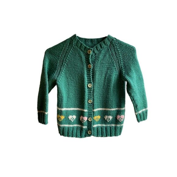 Vtg handmade girls button down cardigan heart and cats green - Picture 2 of 4